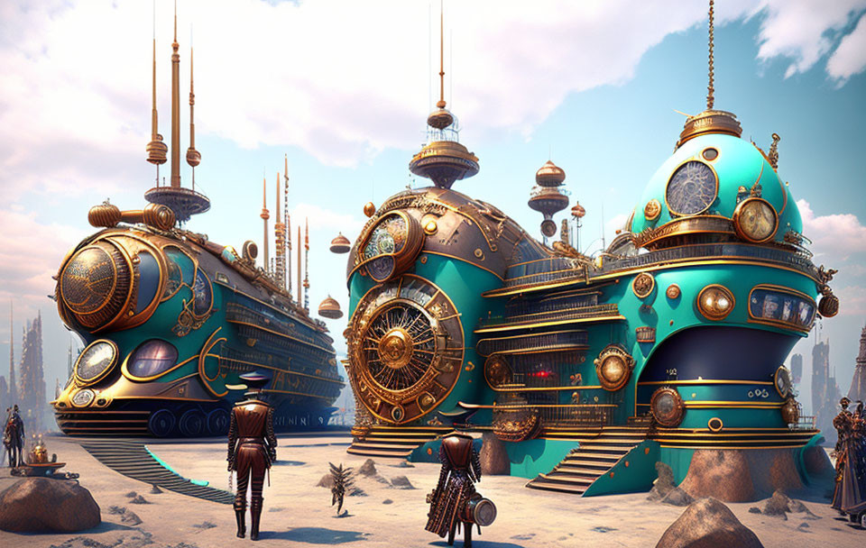 Steampunk cityscape with metallic structures, blue domes, gears, and Victorian figures