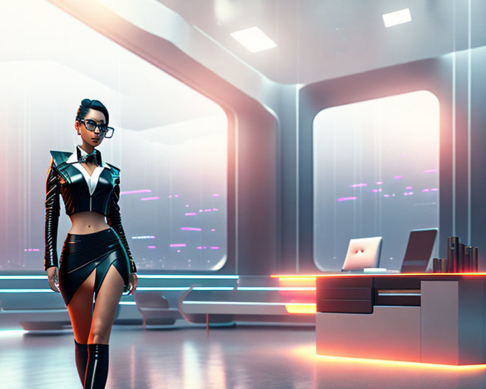 Futuristic female character in modern spaceship interior