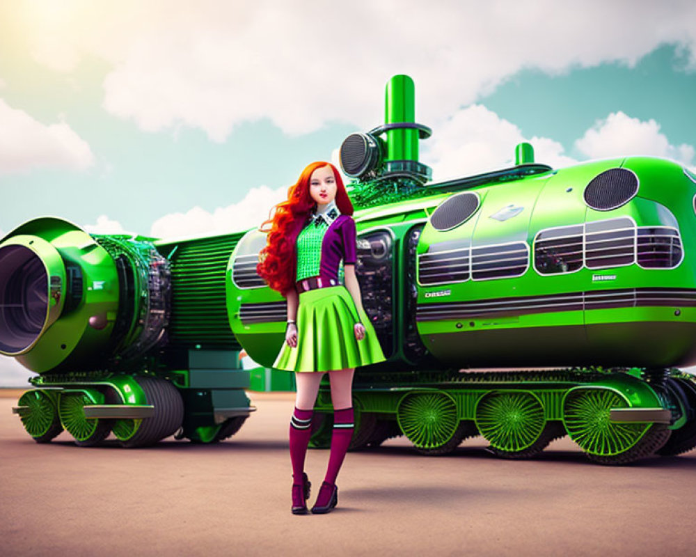 Red-Haired Doll in Green Outfit Beside Futuristic Train Under Cloudy Sky