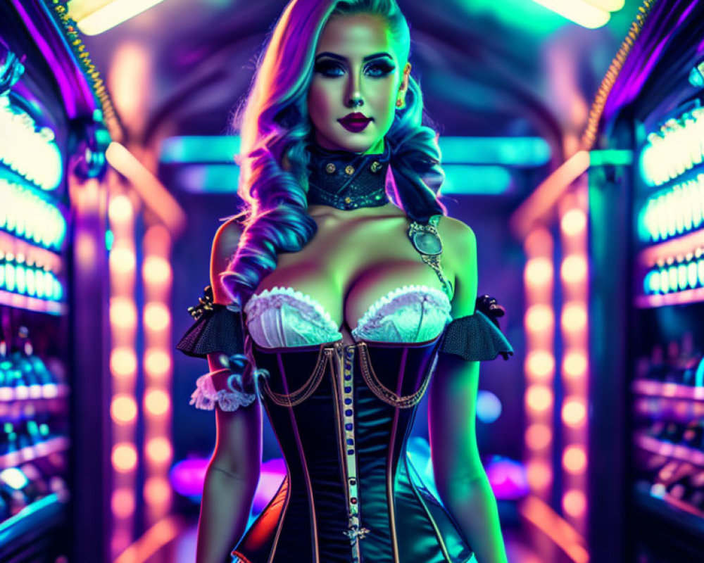 Blonde Woman in Futuristic Corset in Neon Cyberpunk Setting