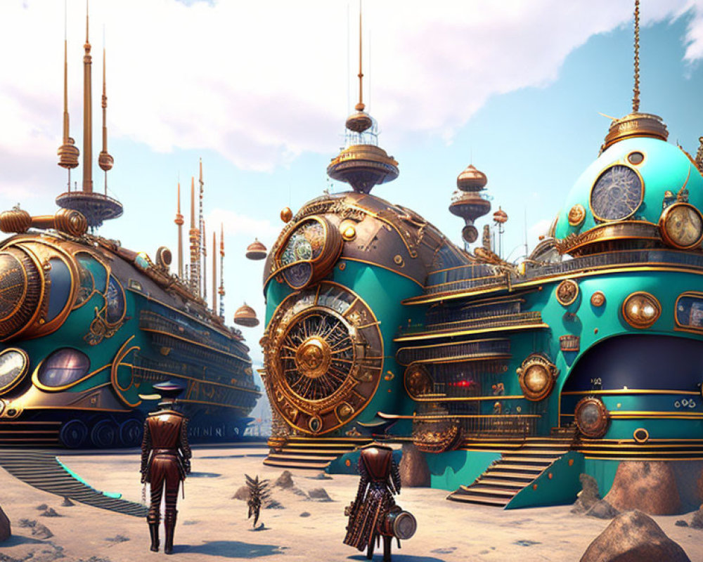 Steampunk cityscape with metallic structures, blue domes, gears, and Victorian figures