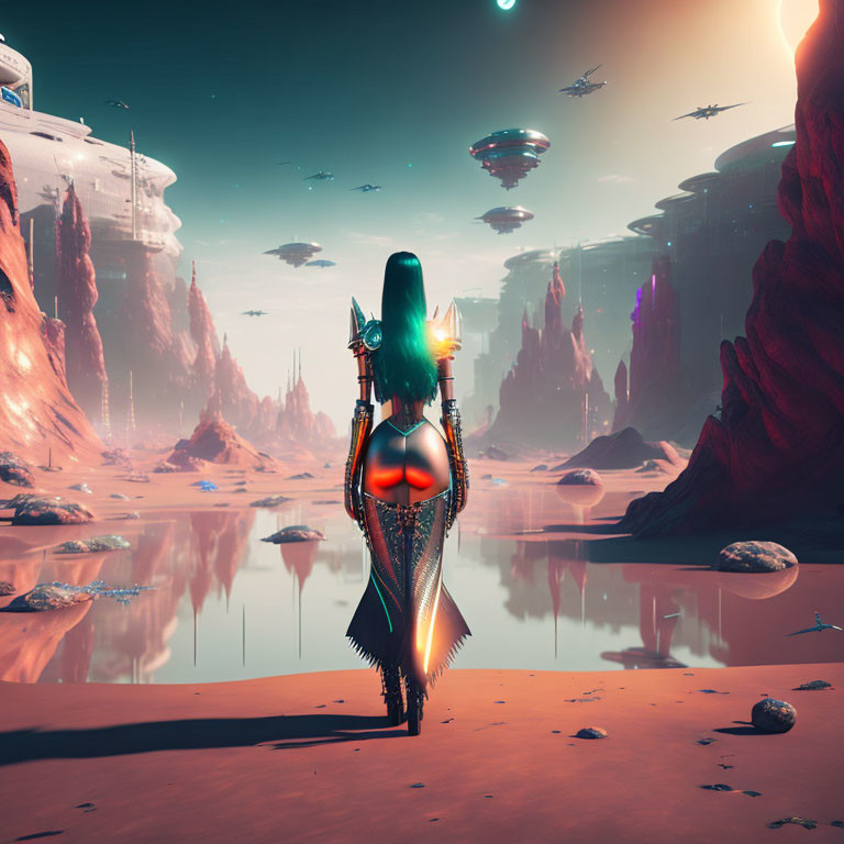 Futuristic female figure on alien landscape with floating ships