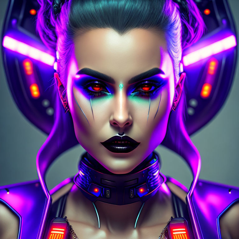 Stylized female cyborg with vibrant makeup and cybernetic enhancements