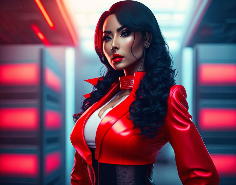 Digital artwork: Dark-haired woman in futuristic red outfit in tech-themed room