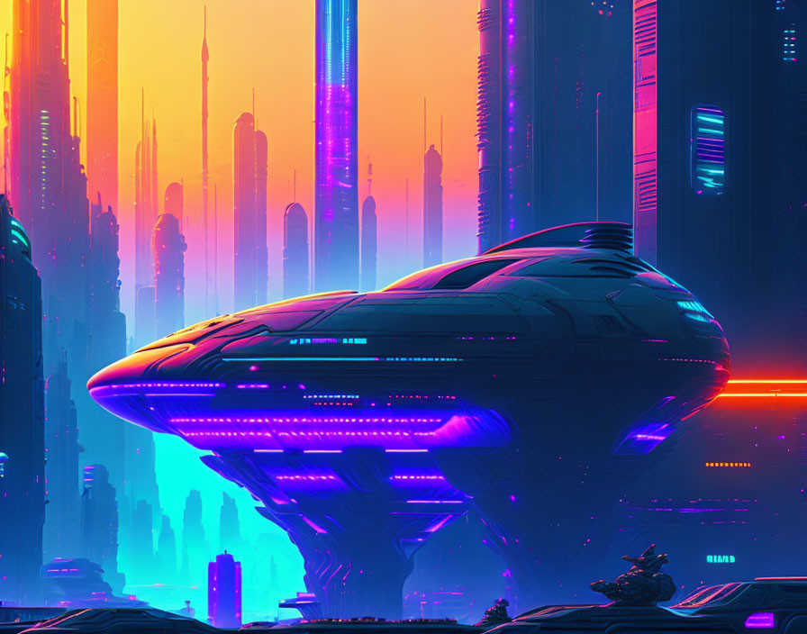 Vivid pink and blue futuristic cityscape with towering skyscrapers and flying vehicle