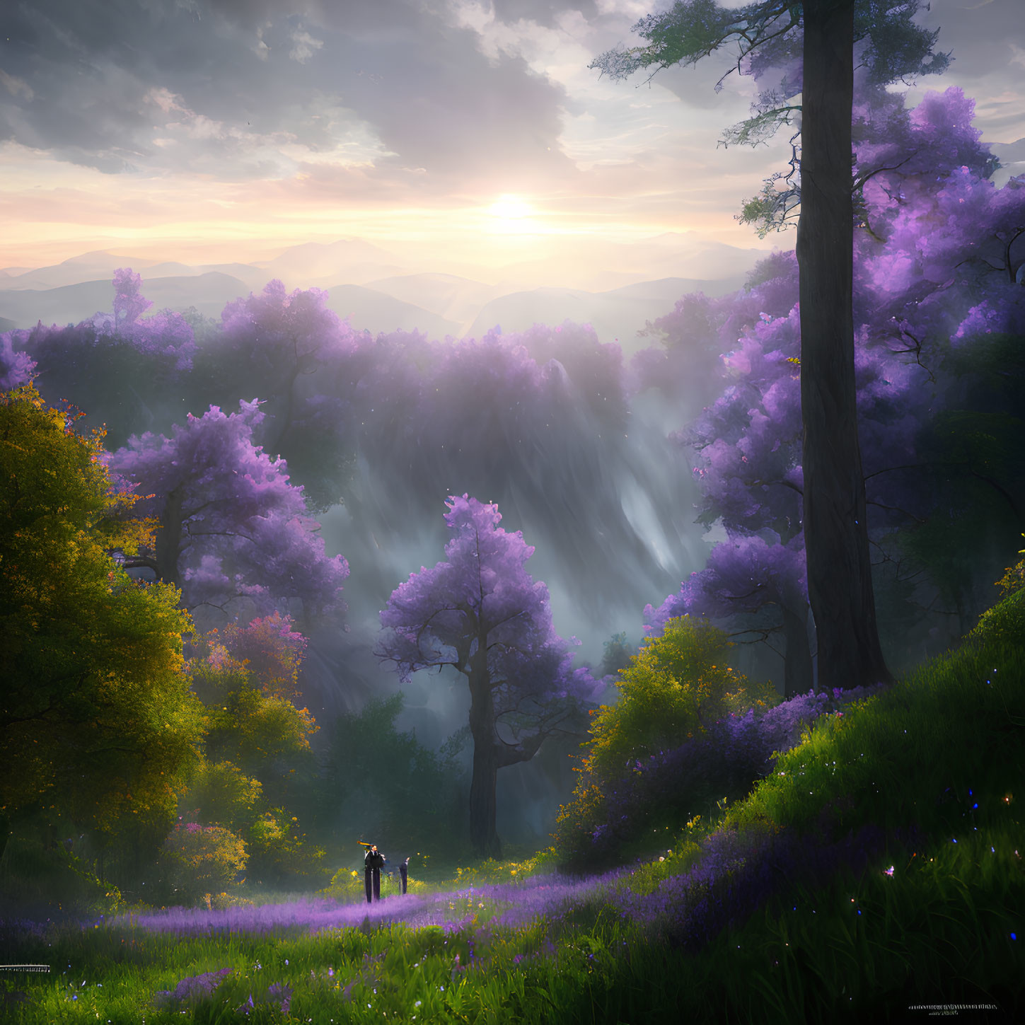 Person with Dog in Misty Forest at Sunrise Among Flowering Trees