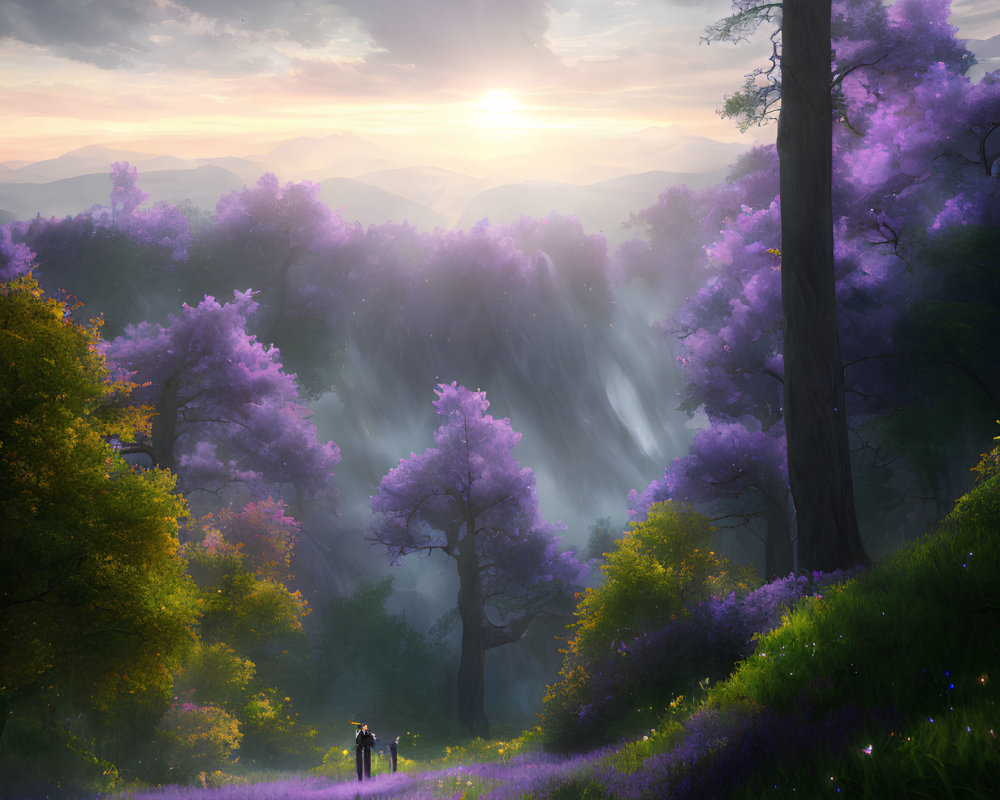 Person with Dog in Misty Forest at Sunrise Among Flowering Trees