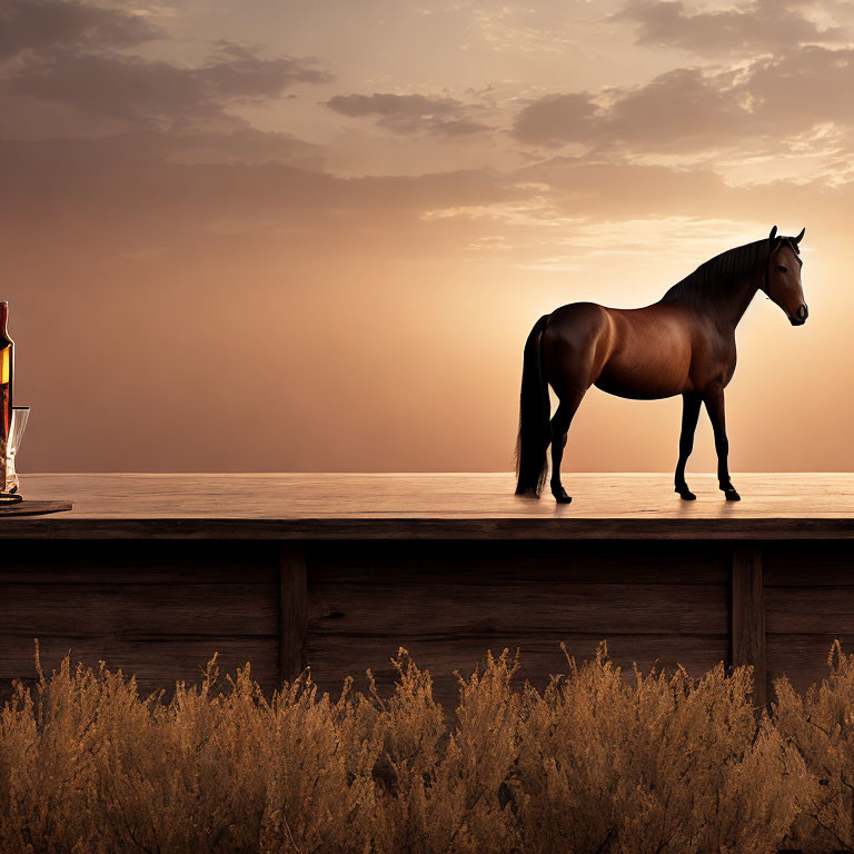 Horse on wooden platform at sunset overlooking field