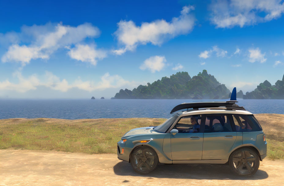 Blue SUV parked on coastal dirt road with clear skies and rocky island.