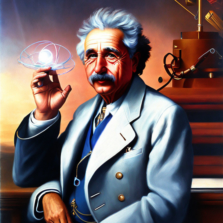 Scientific illustration of man resembling Albert Einstein with atomic model and equations.