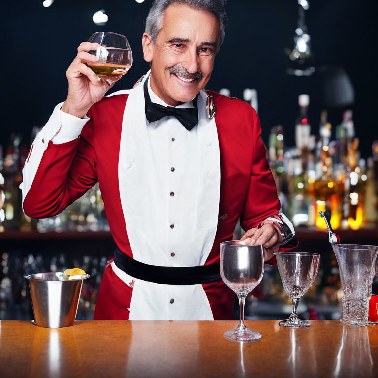 Smiling bartender in red vest holding whiskey glass at bar