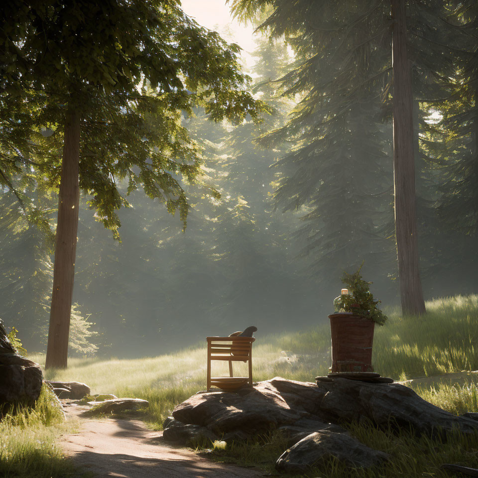 Tranquil Forest Path with Sunlight Filtering Through Trees