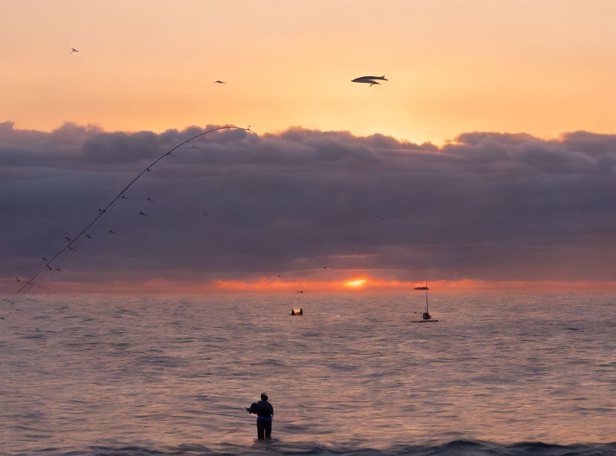 Person fishing in ocean at sunset with seagulls and colorful sky