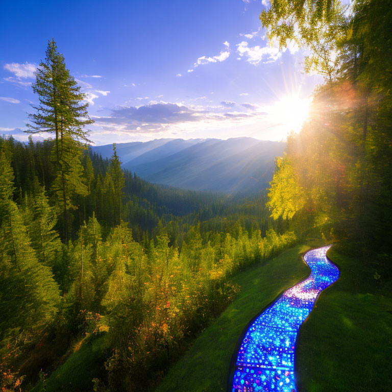 Luminous blue forest path at sunset with mountain vista