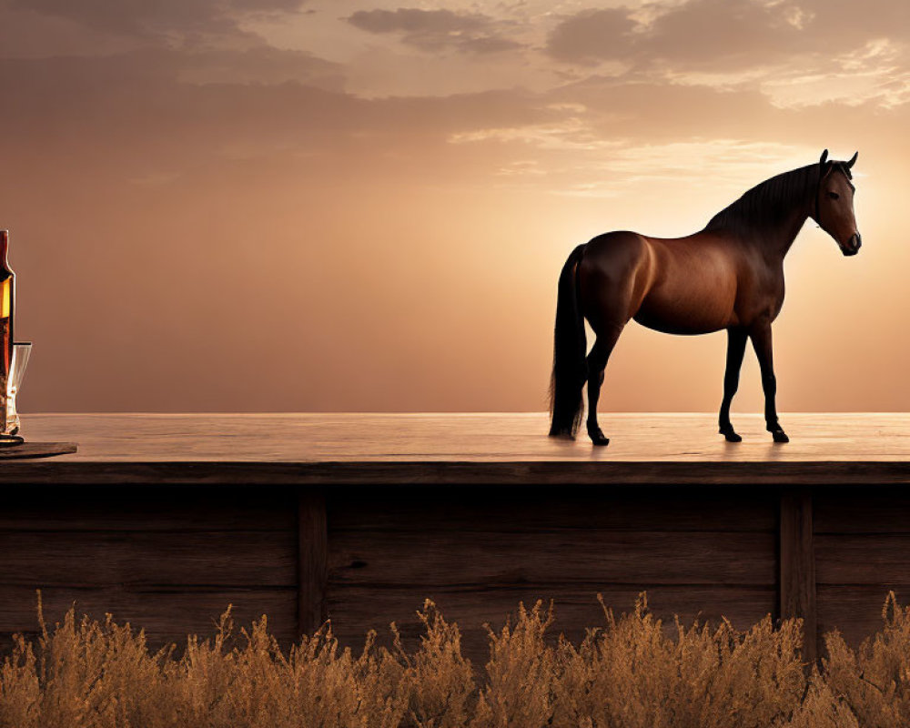 Horse on wooden platform at sunset overlooking field