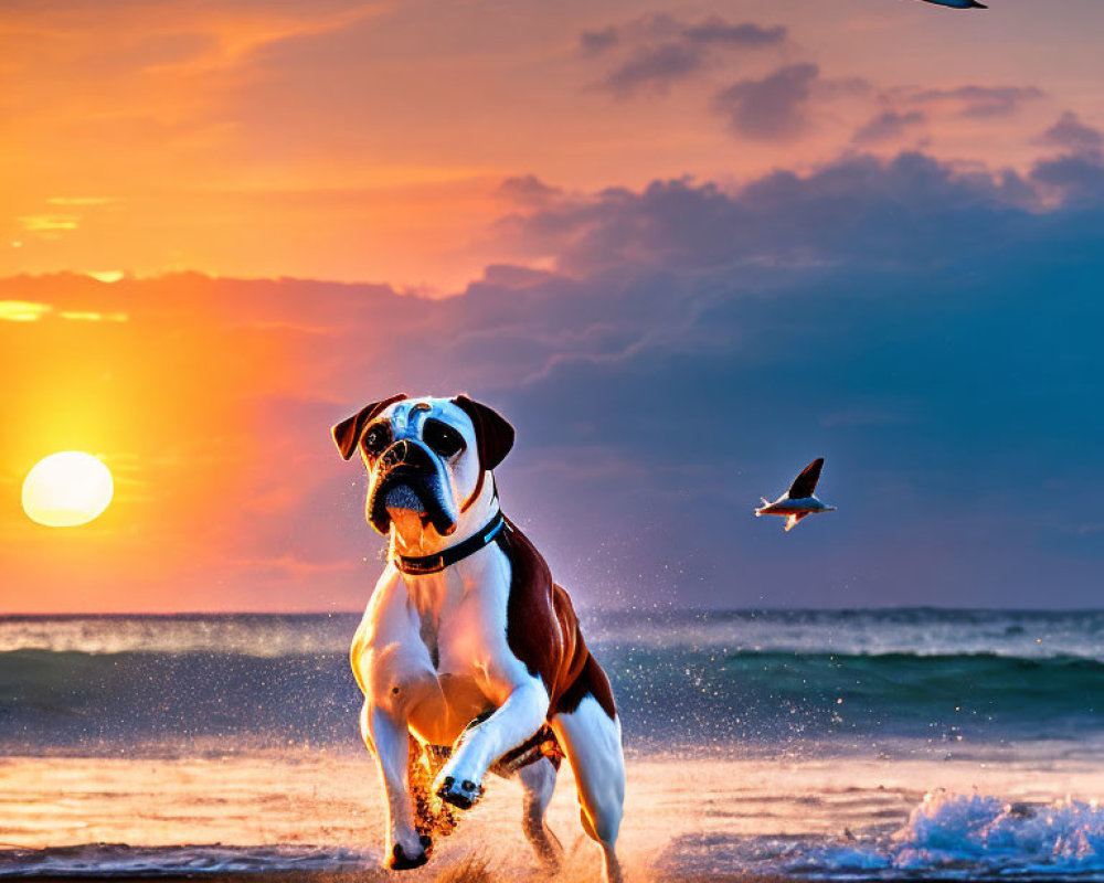 Dog running on beach at sunset with birds and ocean reflecting warm colors.