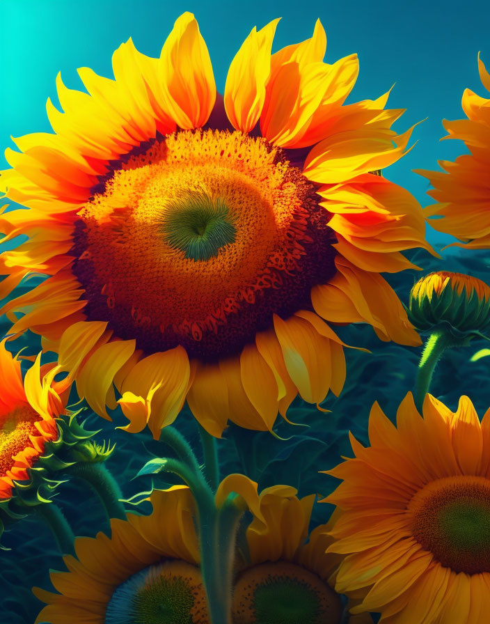 Bright yellow sunflowers against blue sky: vibrant contrast.