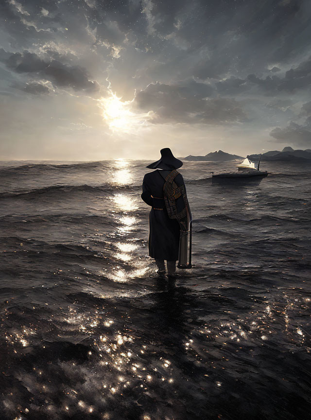 Figure in cloak and hat gazes at ship in dramatic sky over water.