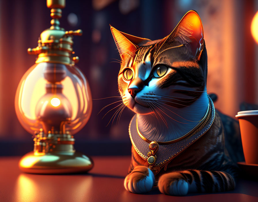 Tabby cat with necklace beside lit lantern in cozy setting