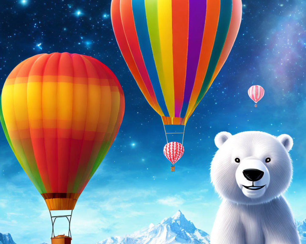 Colorful hot air balloons over snowy mountains with a smiling polar bear