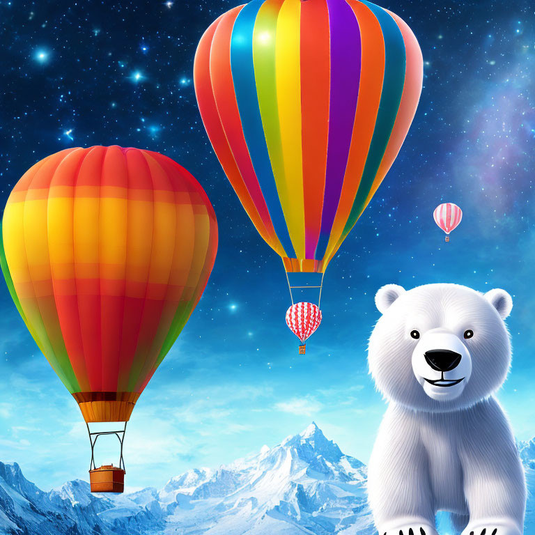 Colorful hot air balloons over snowy mountains with a smiling polar bear