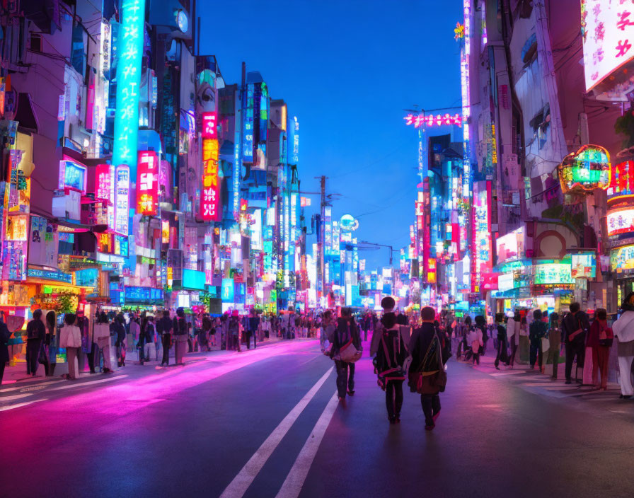 Vibrant neon-lit city street at night with bustling crowds and colorful buildings