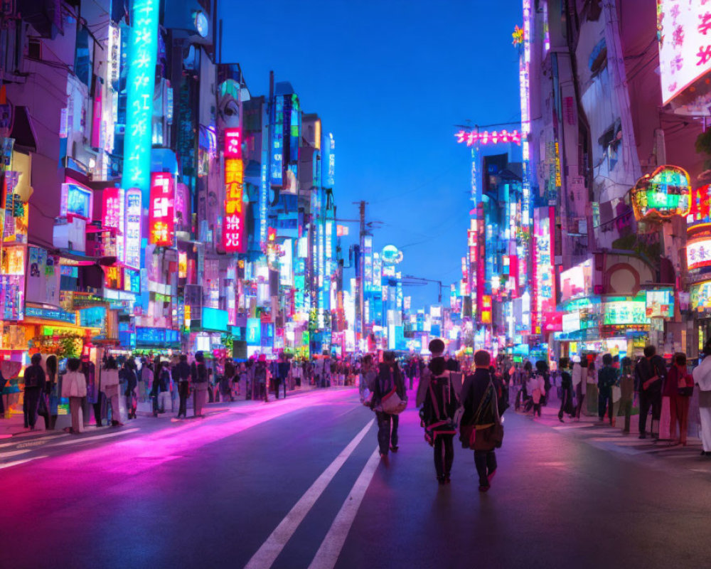 Vibrant neon-lit city street at night with bustling crowds and colorful buildings