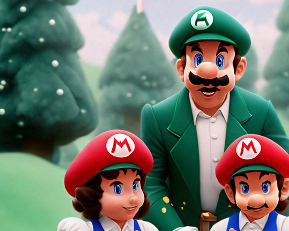 Animated characters resembling Luigi and two versions of Mario with a cake, standing and sitting by a table in