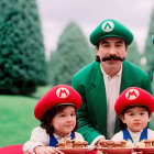 Animated characters resembling Luigi and two versions of Mario with a cake, standing and sitting by a table in