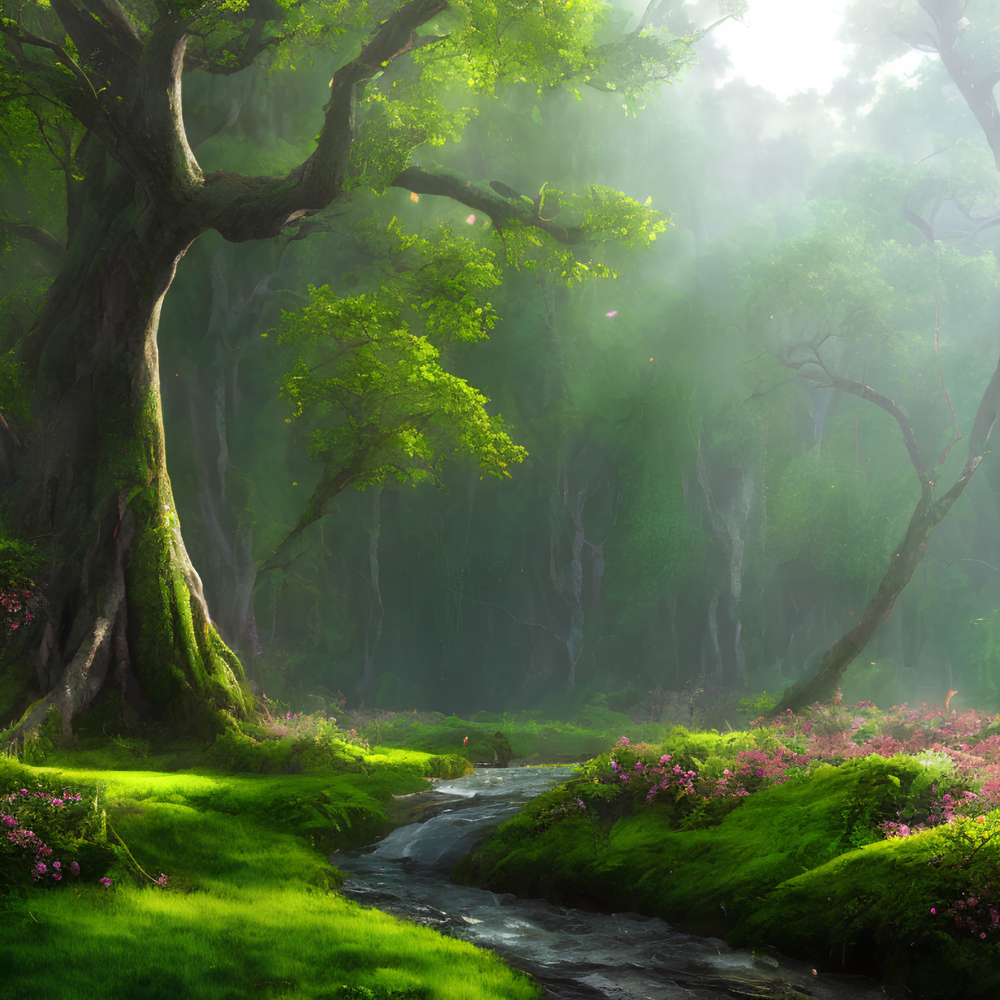 Lush forest scene with babbling brook and vibrant greenery