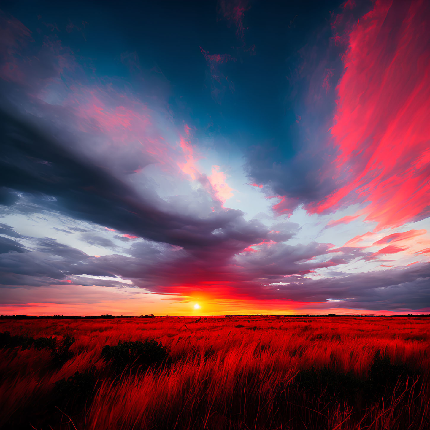 Vibrant sunset with red and blue clouds over dark horizon