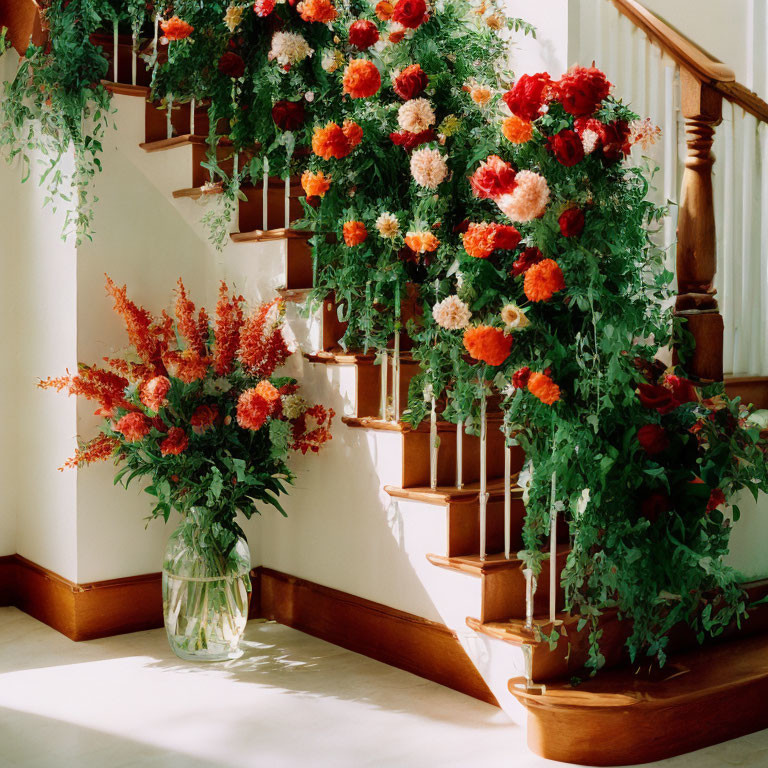 Vibrant indoor oasis with green plants and red flowers