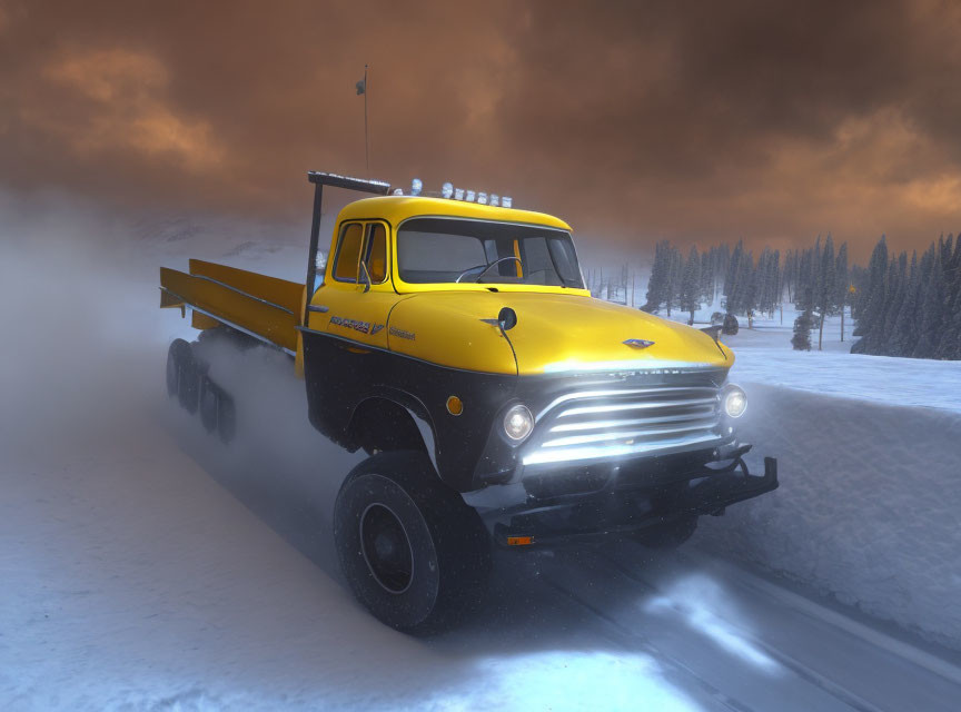 Vintage yellow snow plow truck clearing snowy road at dusk under overcast sky.