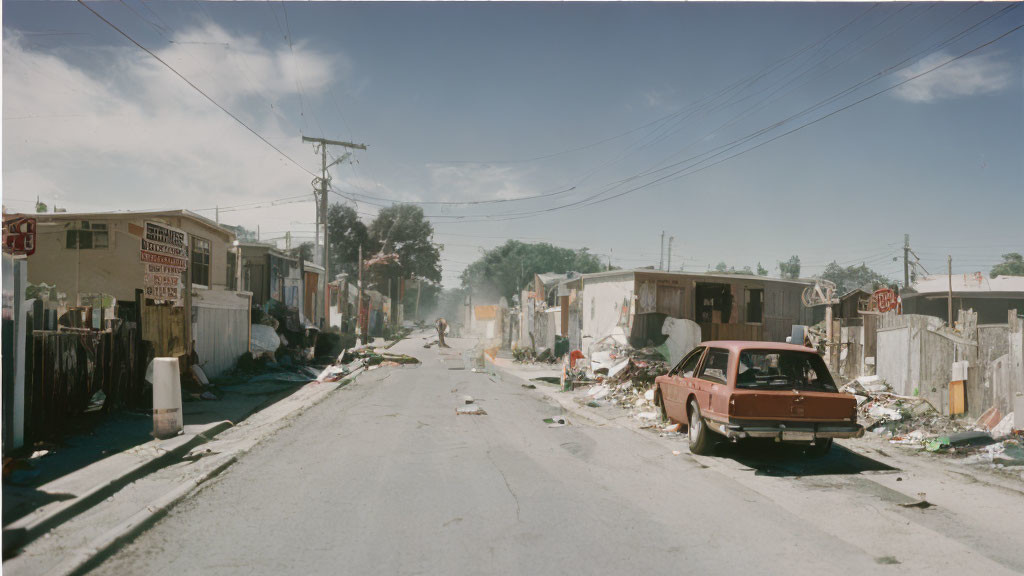 Desolate street with debris, dilapidated buildings, and abandoned red car.