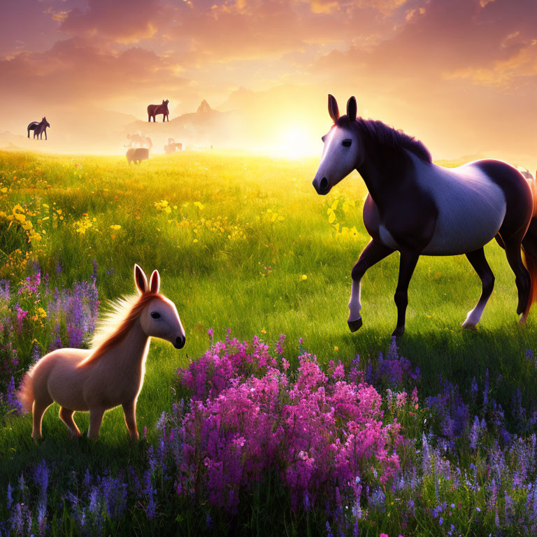 Animated horses in lush meadow at sunset with mountains