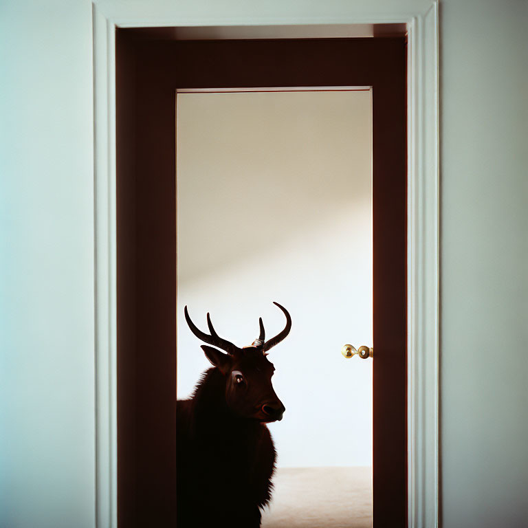 Surprised deer with antlers in room doorway