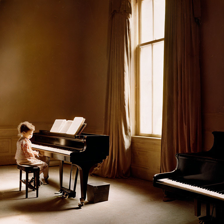 Child playing piano in sunlit room with high ceilings