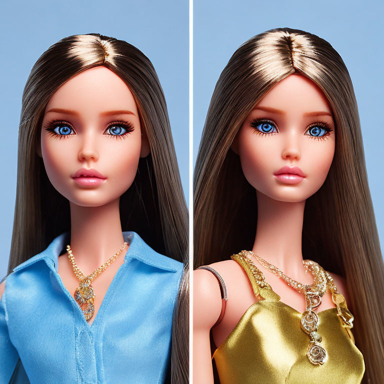 Dolls with Long Brown Hair and Blue Eyes in Blue and Gold Outfits