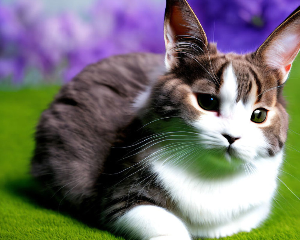 Fluffy Grey and White Cat Resting on Green Grass with Purple Flowers