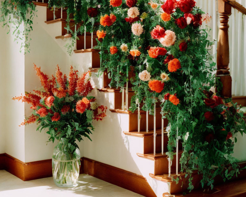 Vibrant indoor oasis with green plants and red flowers