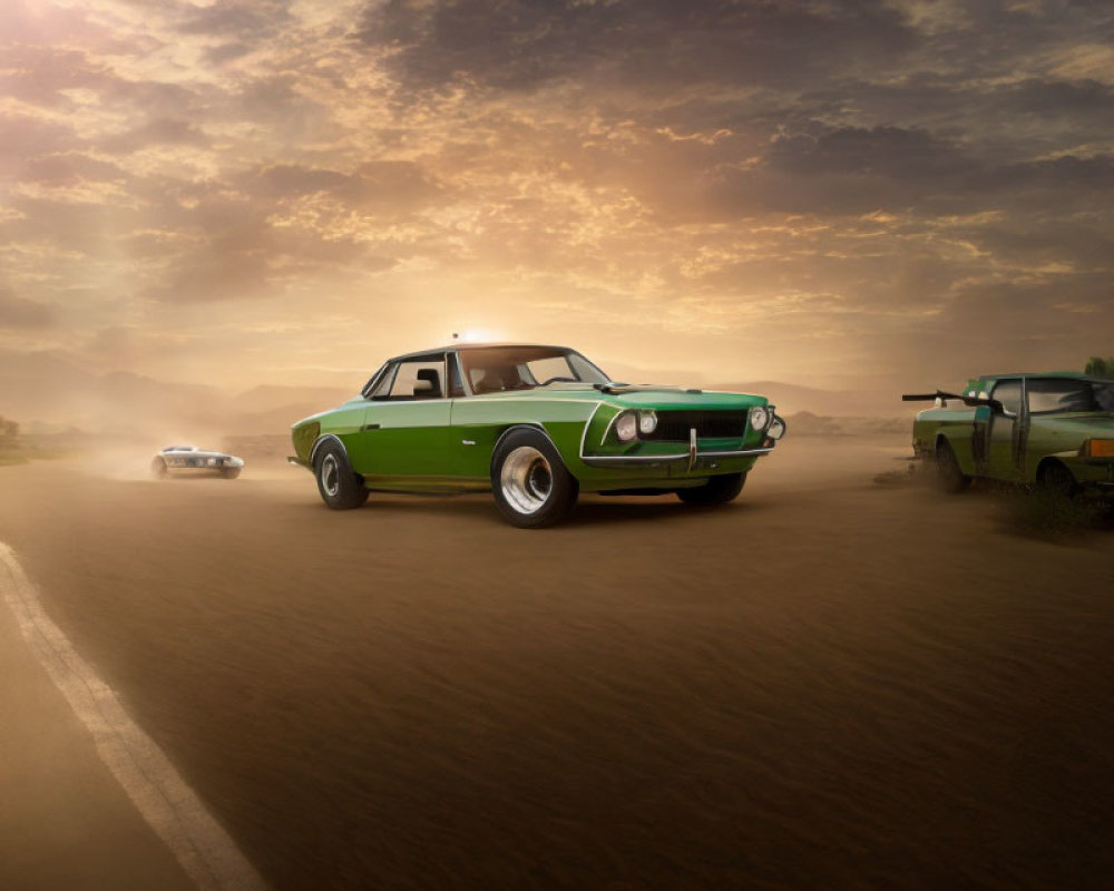 Vintage Green Car Racing Down Dusty Road at Sunrise