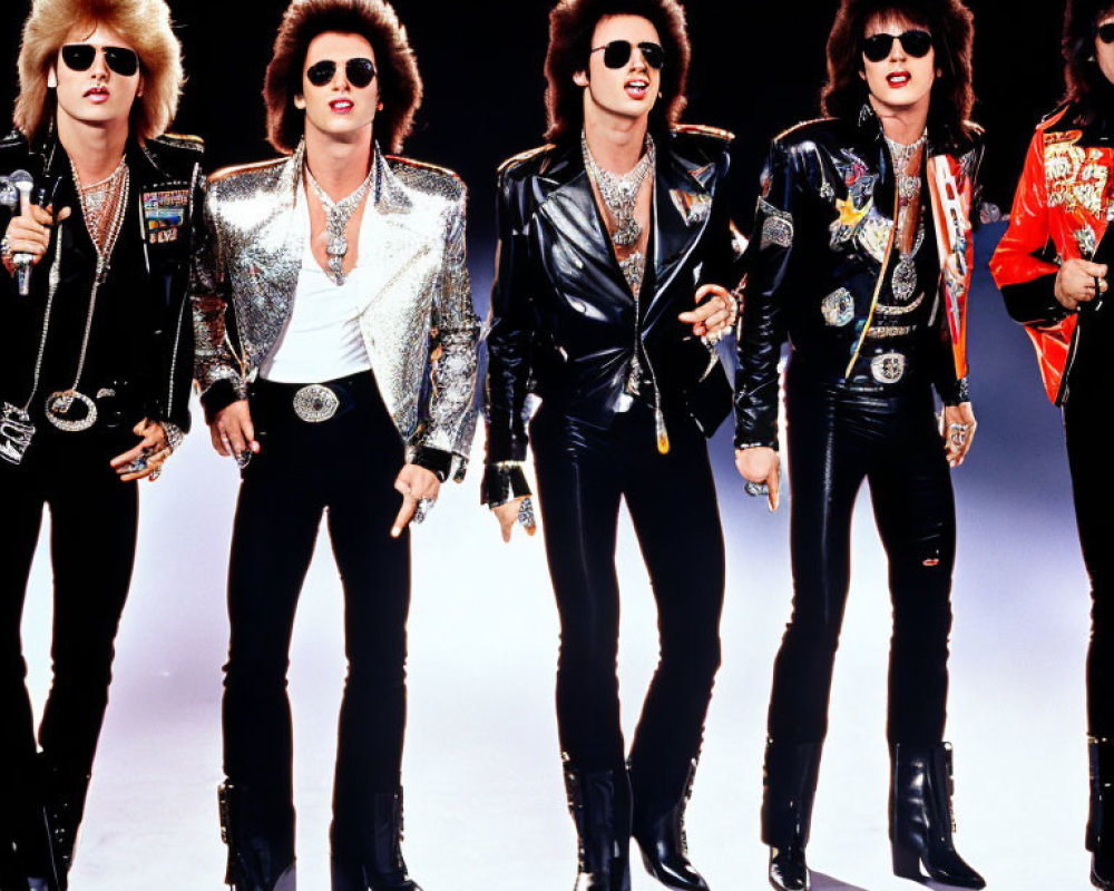 Band members in leather outfits and sunglasses on white backdrop radiate rock-and-roll style