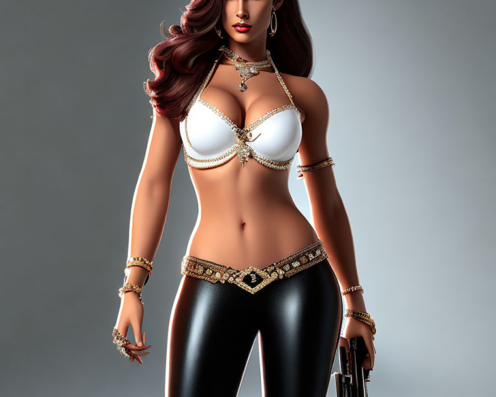 Digital artwork: Woman with long brown hair, white top, black pants, gold jewelry, holding a