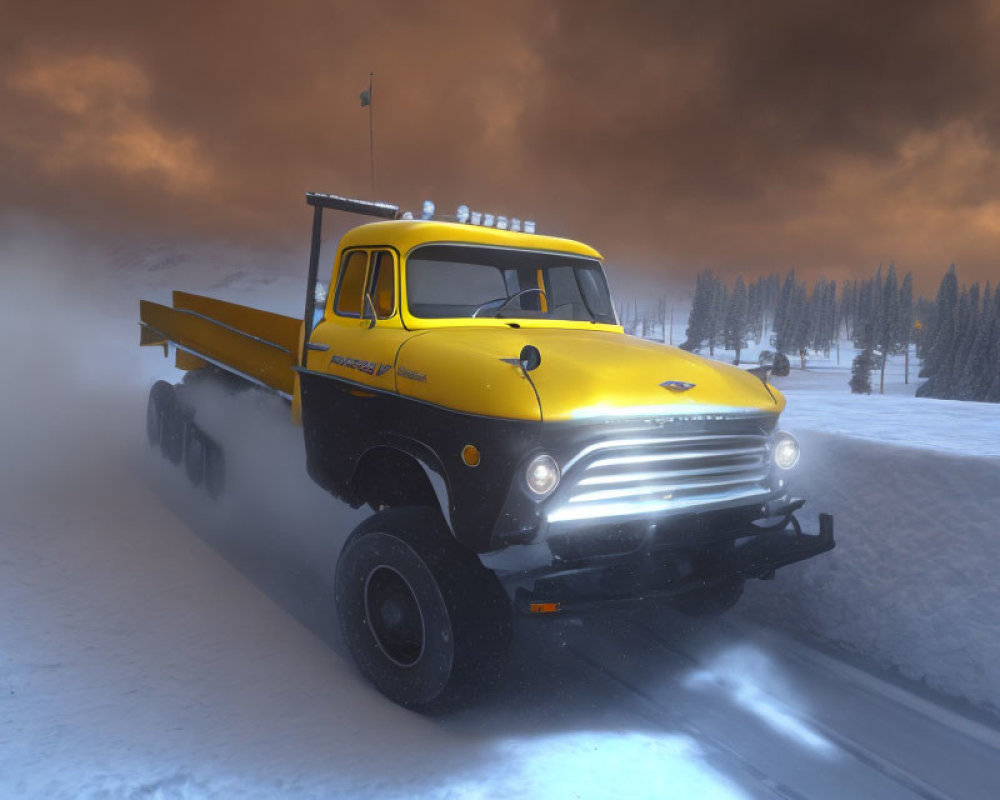 Vintage yellow snow plow truck clearing snowy road at dusk under overcast sky.