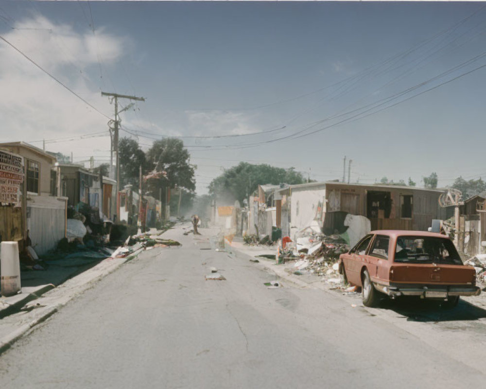 Desolate street with debris, dilapidated buildings, and abandoned red car.