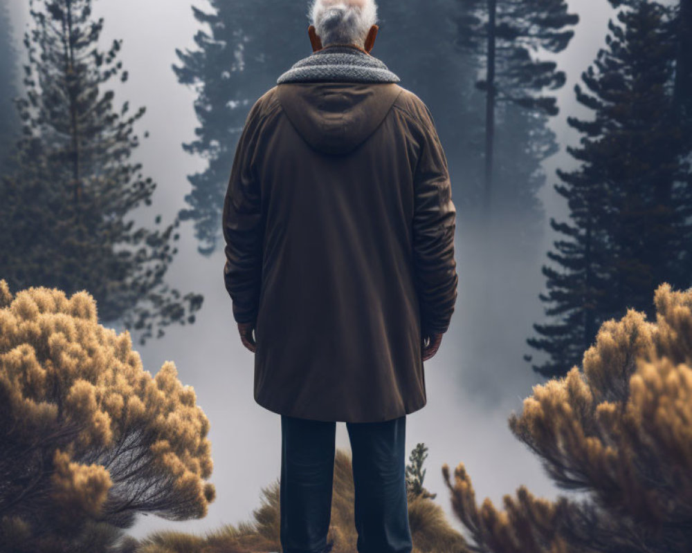 Elderly person in coat gazes at misty forest landscape