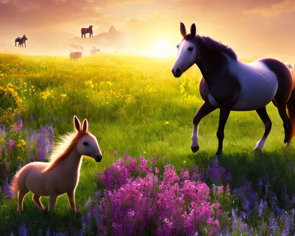 Animated horses in lush meadow at sunset with mountains