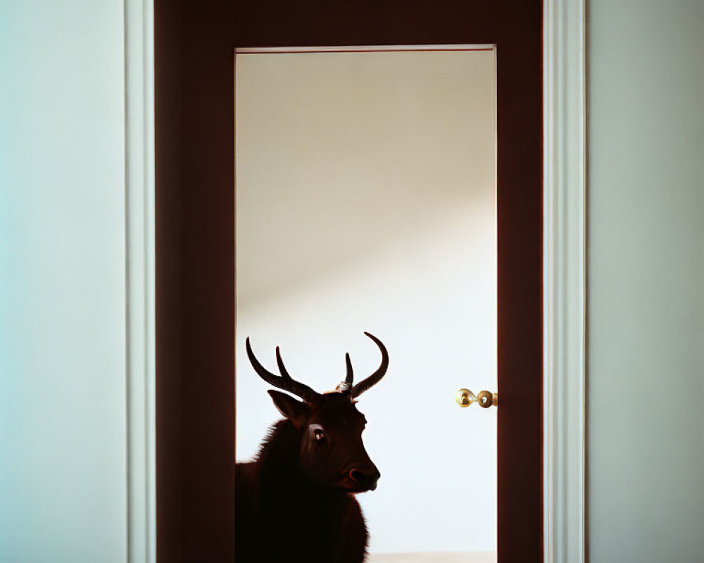 Surprised deer with antlers in room doorway