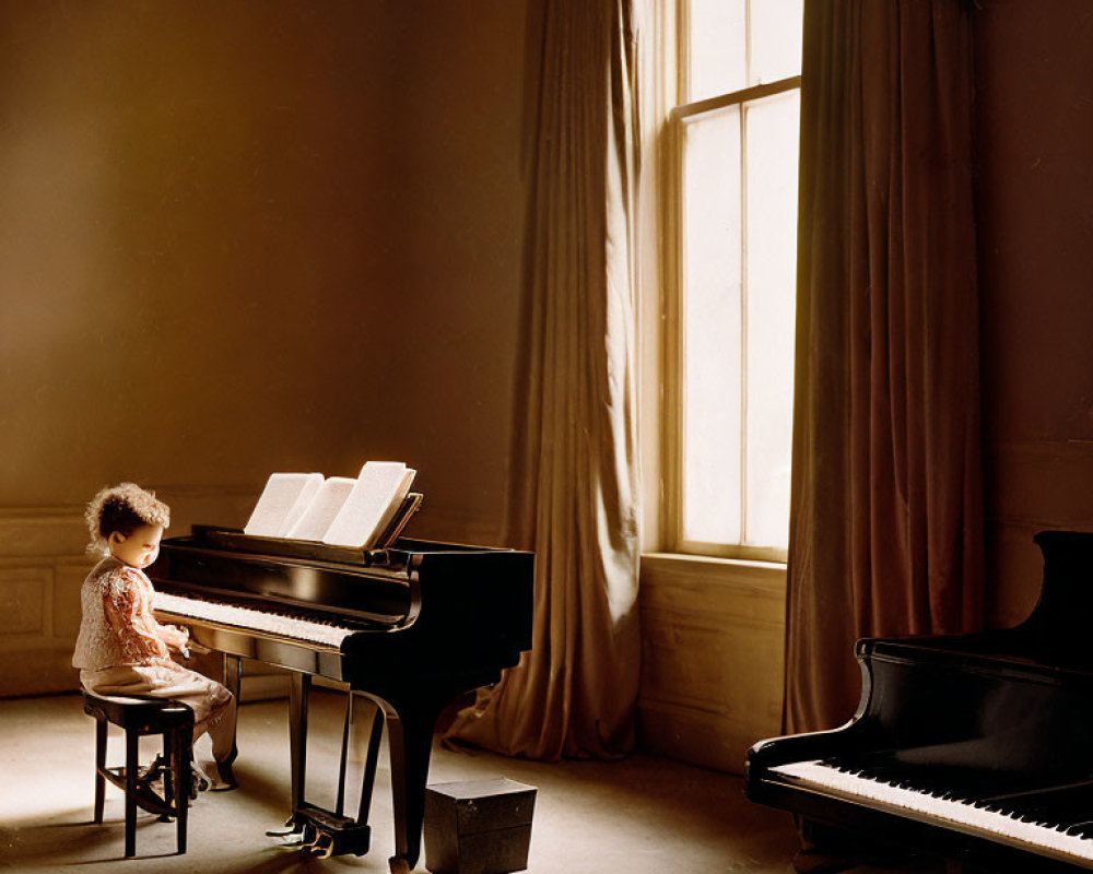 Child playing piano in sunlit room with high ceilings