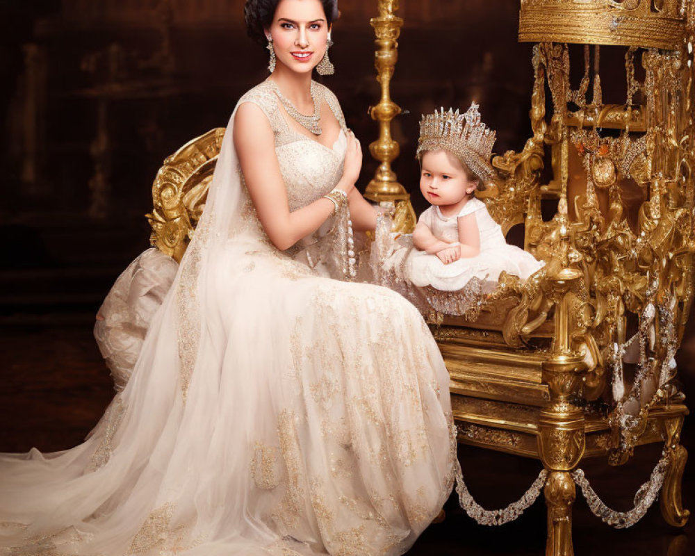 Woman in white gown with tiara next to baby in regal setting